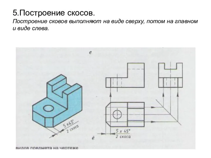 5.Построение скосов. Построение сковов выполняют на виде сверху, потом на главном и виде слева.