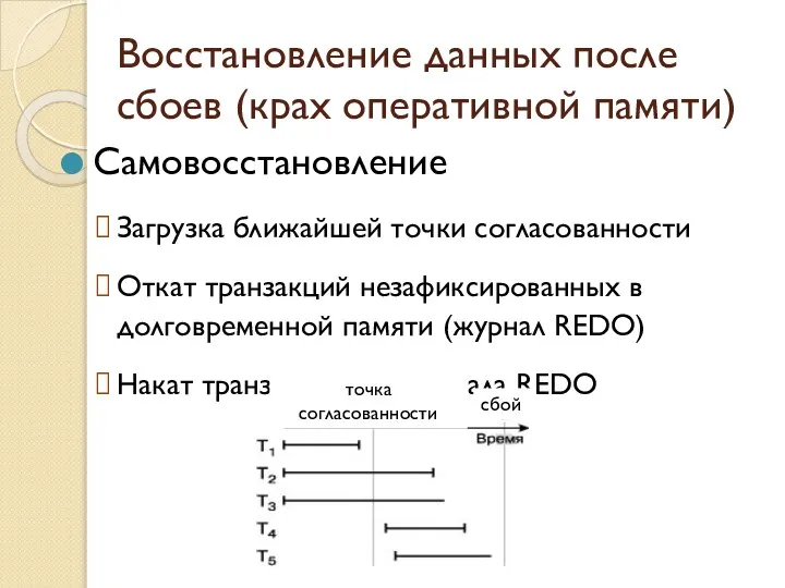 Самовосстановление Загрузка ближайшей точки согласованности Откат транзакций незафиксированных в долговременной памяти