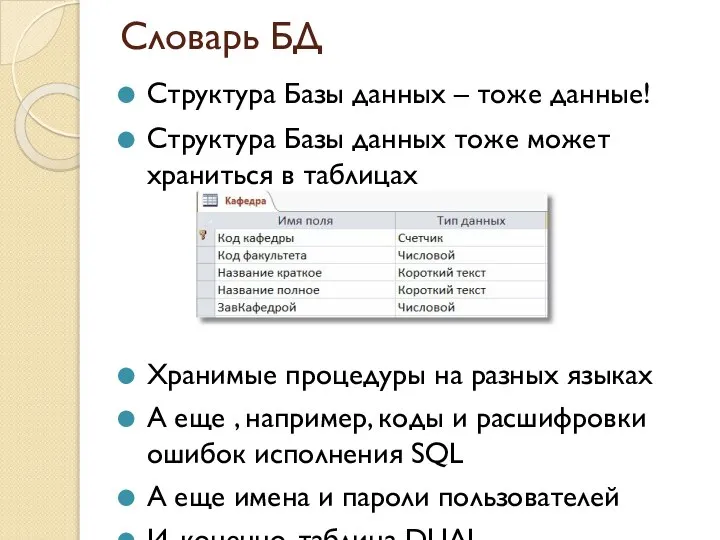 Словарь БД Структура Базы данных – тоже данные! Структура Базы данных