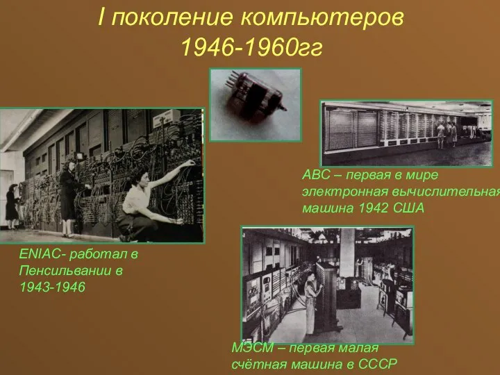 I поколение компьютеров 1946-1960гг ENIAC- работал в Пенсильвании в 1943-1946 МЭСМ