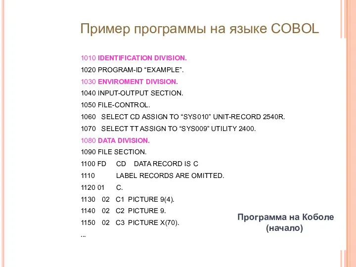Программа на Коболе (начало) 1010 IDENTIFICATION DIVISION. 1020 PROGRAM-ID “EXAMPLE”. 1030