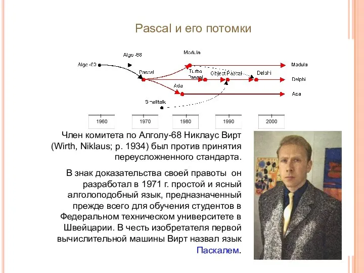 Pascal и его потомки Член комитета по Алголу-68 Никлаус Вирт (Wirth,