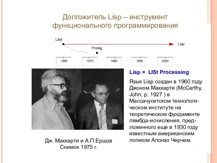 Lisp = LISt Processing Язык Lisp создан в 1960 году Джоном