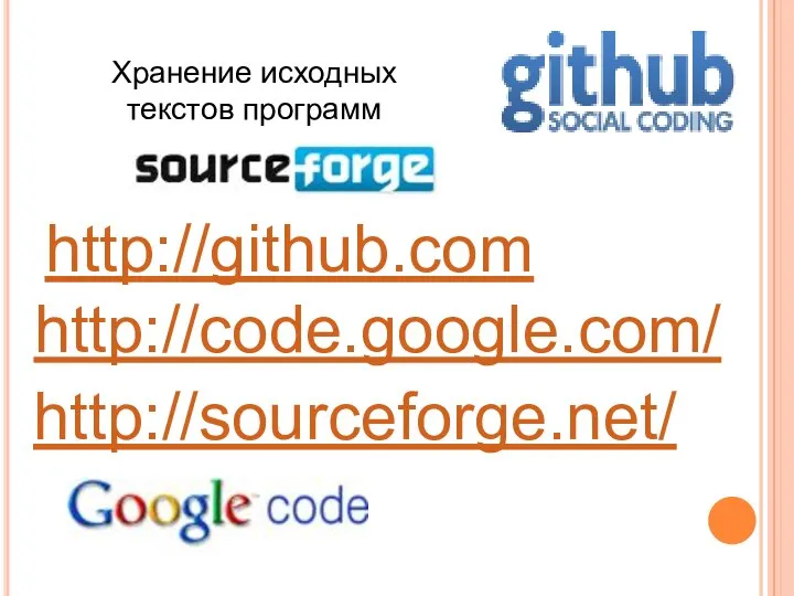 http://github.com Хранение исходных текстов программ http://sourceforge.net/ http://code.google.com/