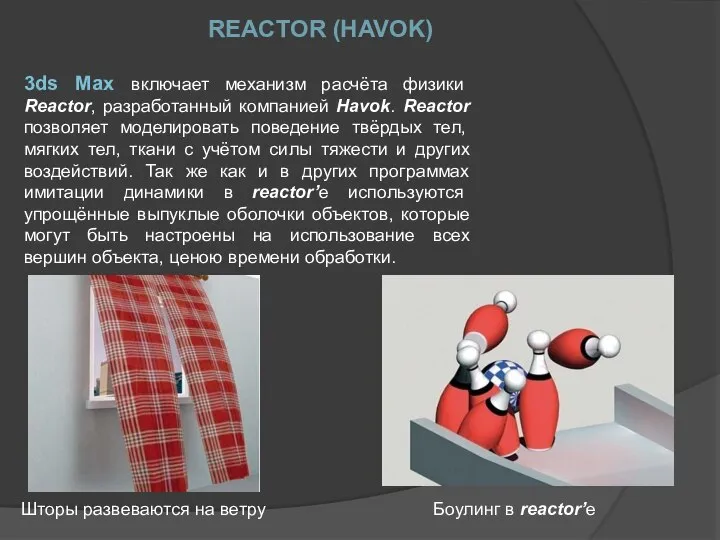 3ds Max включает механизм расчёта физики Reactor, разработанный компанией Havok. Reactor