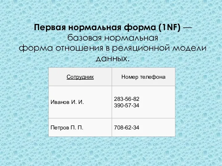 Первая нормальная форма (1NF) — базовая нормальная форма отношения в реляционной модели данных.