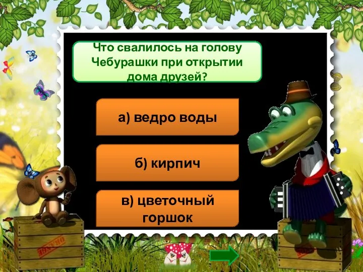 Что свалилось на голову Чебурашки при открытии дома друзей? а) ведро