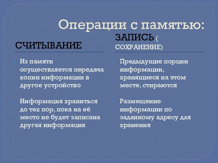 Операции с памятью: СЧИТЫВАНИЕ ЗАПИСЬ ( СОХРАНЕНИЕ) Из памяти осуществляется передача