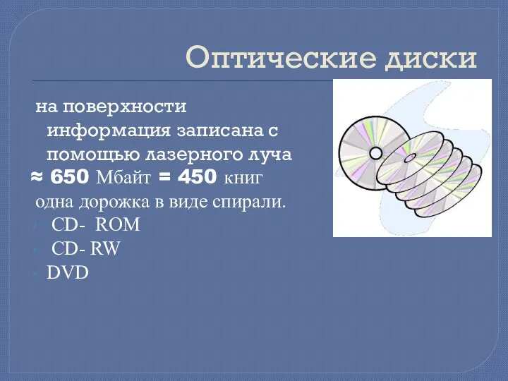 Оптические диски на поверхности информация записана с помощью лазерного луча ≈