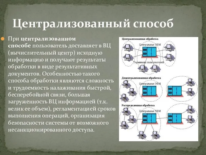 При централизованном способе пользователь доставляет в ВЦ (вычислительный центр) исходную информацию