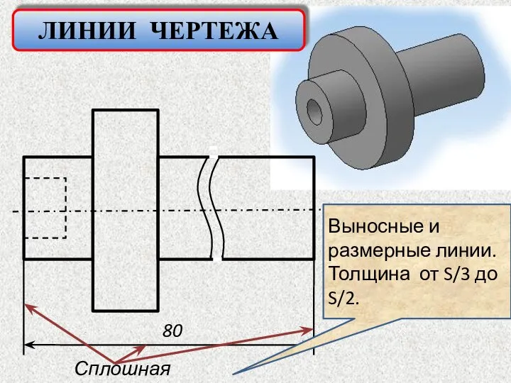 Сплошная тонкая 80 Выносные и размерные линии. Толщина от S/3 до S/2. ЛИНИИ ЧЕРТЕЖА