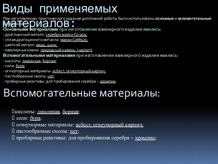 Виды применяемых материалов: При изготовлении практического задания дипломной работы были использованы