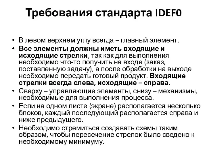 Требования стандарта IDEF0 В левом верхнем углу всегда – главный элемент.