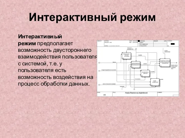 Интерактивный режим Интерактивный режим предполагает возможность двустороннего взаимодействия пользователя с системой,