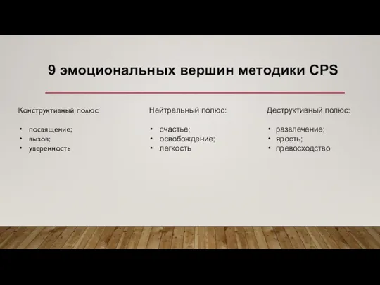 9 эмоциональных вершин методики CPS Конструктивный полюс: посвящение; вызов; уверенность Нейтральный