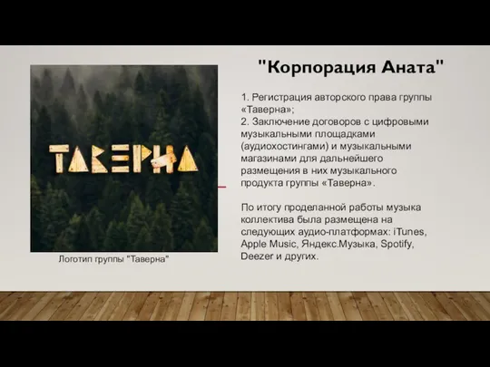 1. Регистрация авторского права группы «Таверна»; 2. Заключение договоров с цифровыми