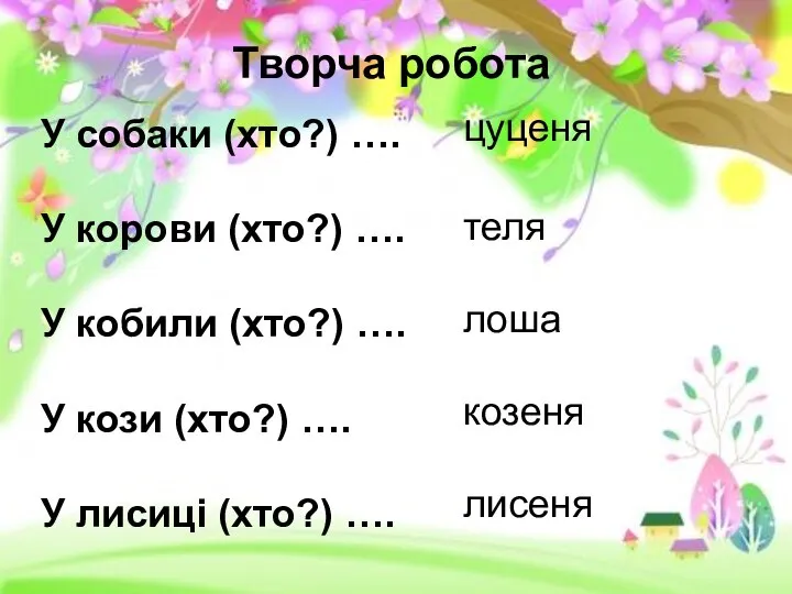 Творча робота У собаки (хто?) …. У корови (хто?) …. У