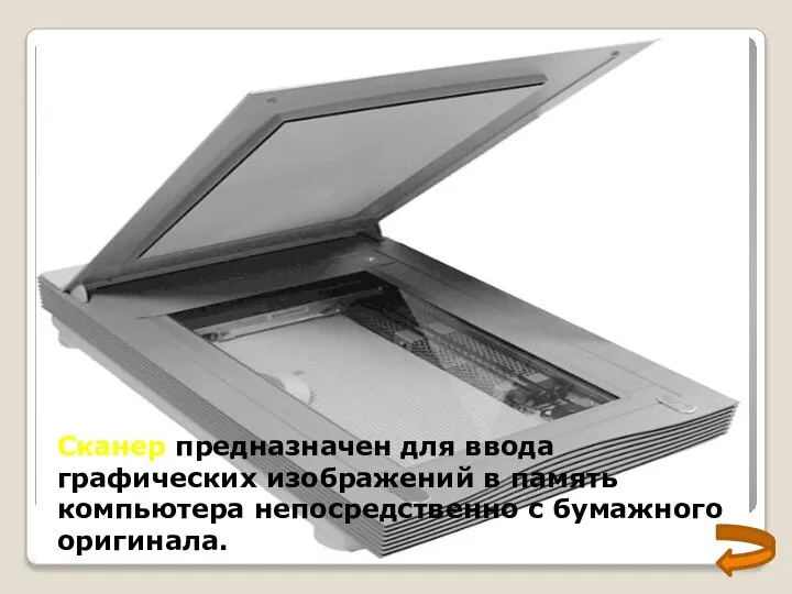 Сканер предназначен для ввода графических изображений в память компьютера непосредственно с бумажного оригинала.