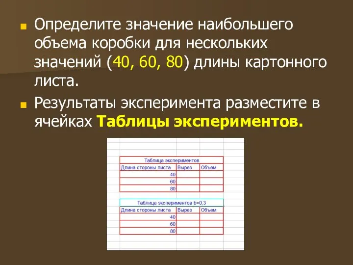 Определите значение наибольшего объема коробки для нескольких значений (40, 60, 80)