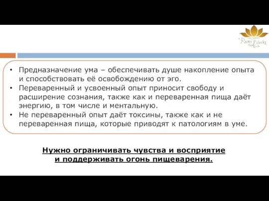 Предназначение ума – обеспечивать душе накопление опыта и способствовать её освобождению