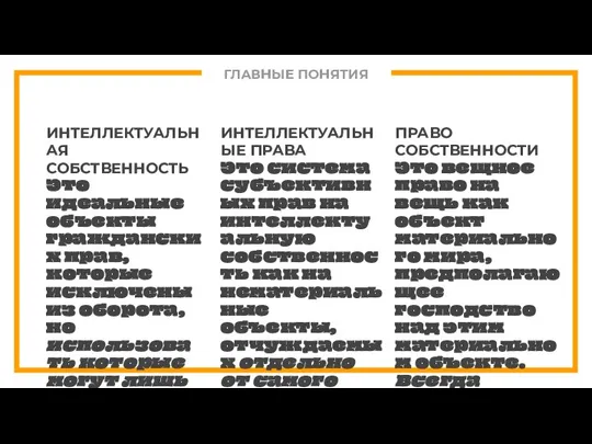 ГЛАВНЫЕ ПОНЯТИЯ ИНТЕЛЛЕКТУАЛЬНАЯ СОБСТВЕННОСТЬ Это идеальные объекты гражданских прав, которые исключены