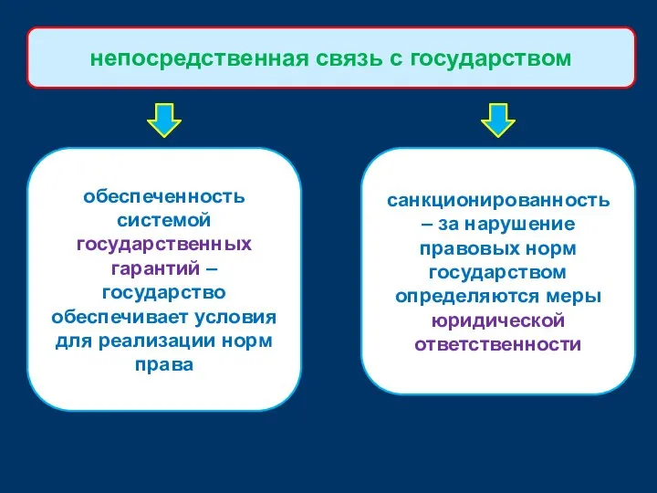 обеспеченность системой государственных гарантий – государство обеспечивает условия для реализации норм