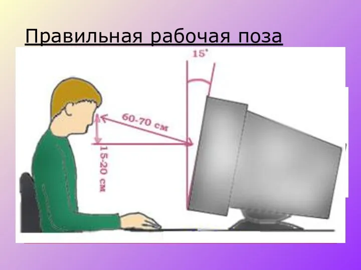 Правильная рабочая поза Монитор необходимо установить на такой высоте, чтобы центр