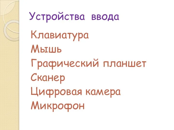 Устройства ввода Клавиатура Мышь Графический планшет Сканер Цифровая камера Микрофон