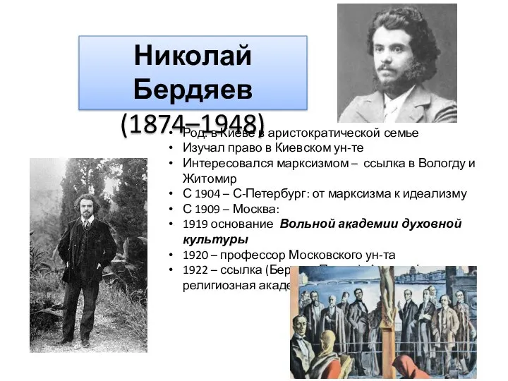 Николай Бердяев (1874–1948) Род. в Киеве в аристократической семье Изучал право