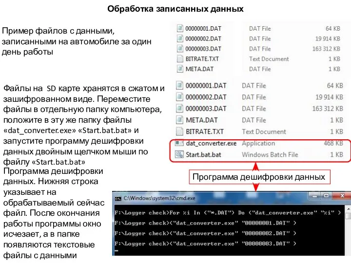 Обработка записанных данных Пример файлов с данными, записанными на автомобиле за