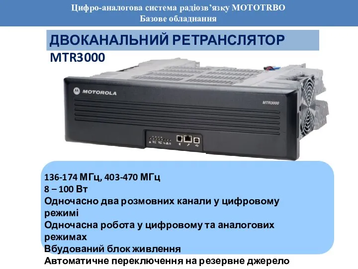 Цифро-аналогова система радіозв’язку MOTOTRBO Базове обладнання ДВОКАНАЛЬНИЙ РЕТРАНСЛЯТОР MTR3000 136-174 МГц,