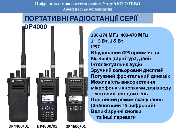 Цифро-аналогова система радіозв’язку MOTOTRBO Абонентське обладнання ПОРТАТИВНІ РАДІОСТАНЦІЇ СЕРІЇ DР4000 136-174