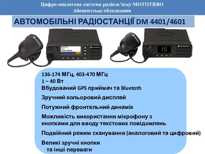 Цифро-аналогова система радіозв’язку MOTOTRBO Абонентське обладнання АВТОМОБІЛЬНІ РАДІОСТАНЦІЇ DM 4401/4601 136-174