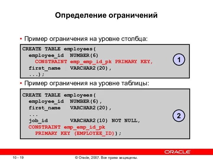 Определение ограничений Пример ограничения на уровне столбца: Пример ограничения на уровне