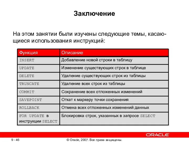 Заключение На этом занятии были изучены следующие темы, касаю-щиеся использования инструкций: