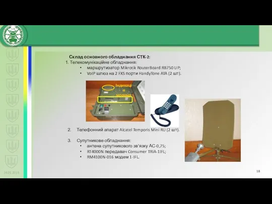 24.01.2019 Склад основного обладнання СТК-2: Телекомунікаційне обладнання: маршрутизатор Mikrotik RouterBoard RB750