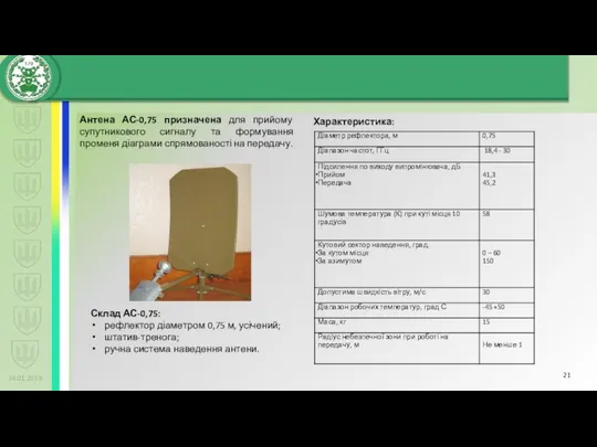 24.01.2019 Характеристика: Склад АС-0,75: рефлектор діаметром 0,75 м, усічений; штатив-тренога; ручна