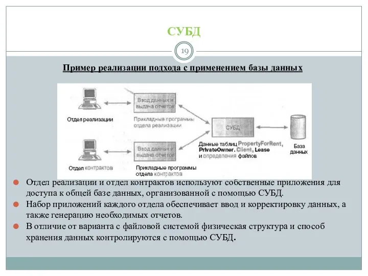СУБД Пример реализации подхода с применением базы данных Отдел реализации и