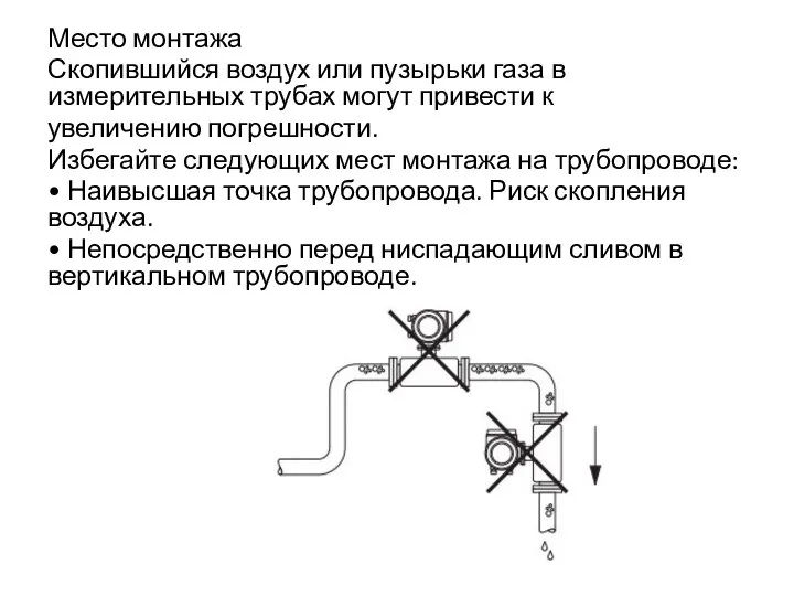 Место монтажа Скопившийся воздух или пузырьки газа в измерительных трубах могут