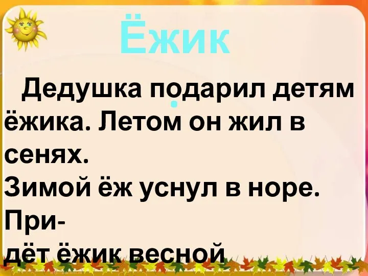 Ёжик. Дедушка подарил детям ёжика. Летом он жил в сенях. Зимой