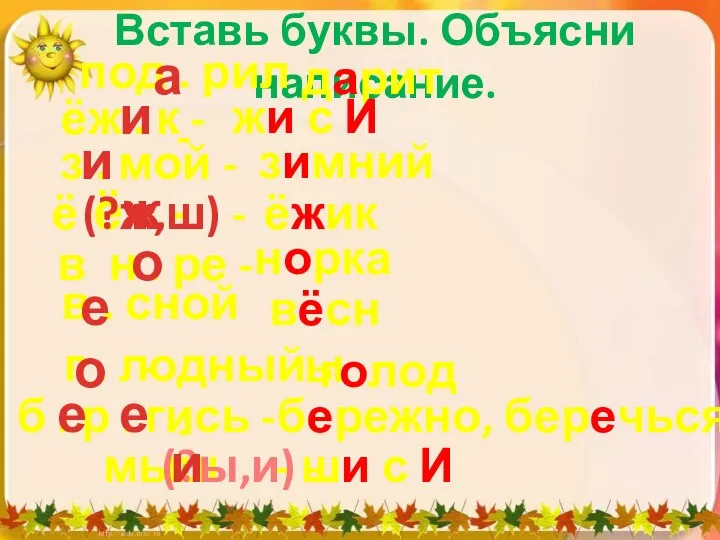 Вставь буквы. Объясни написание. под . рил - дарит ёж .