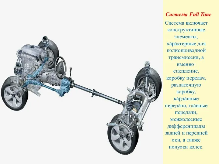 Система включает конструктивные элементы, характерные для полноприводной трансмиссии, а именно: сцепление,