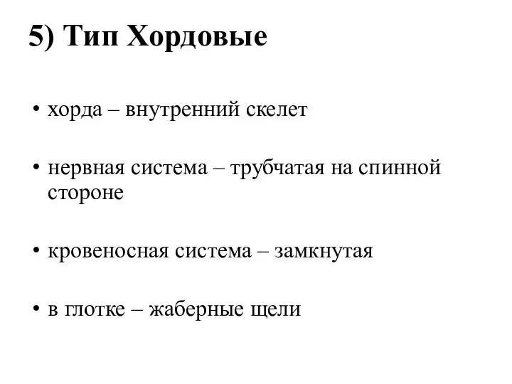 5) Тип Хордовые хорда – внутренний скелет нервная система – трубчатая