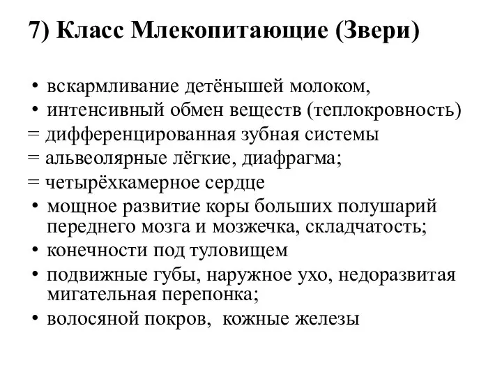 7) Класс Млекопитающие (Звери) вскармливание детёнышей молоком, интенсивный обмен веществ (теплокровность)