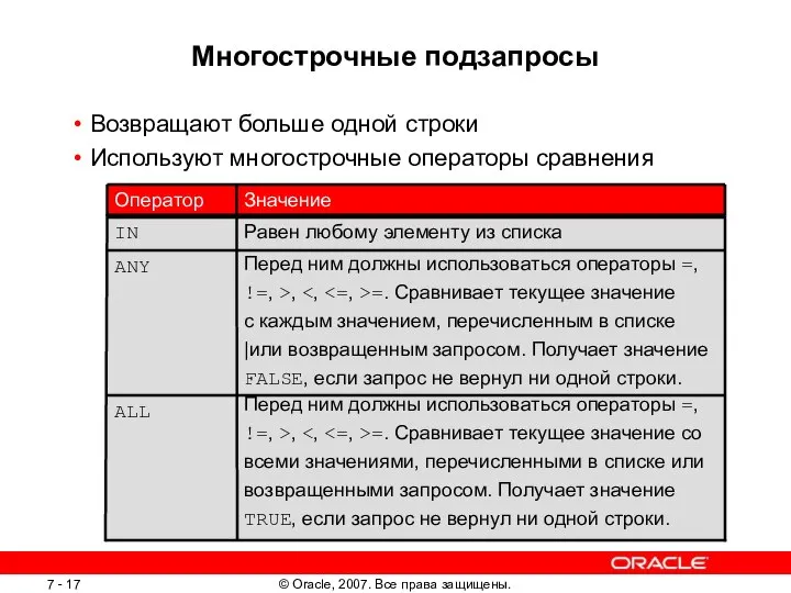 Многострочные подзапросы Возвращают больше одной строки Используют многострочные операторы сравнения Перед