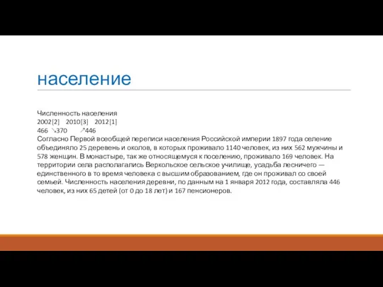 население Численность населения 2002[2] 2010[3] 2012[1] 466 ↘370 ↗446 Согласно Первой