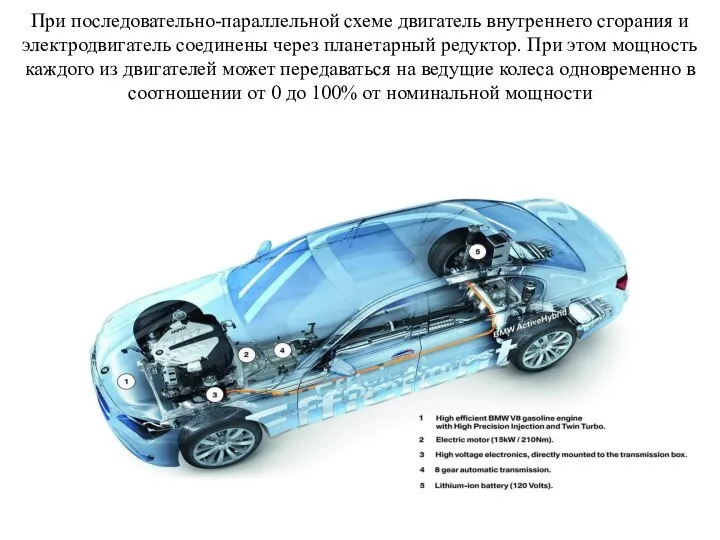 При последовательно-параллельной схеме двигатель внутреннего сгорания и электродвигатель соединены через планетарный