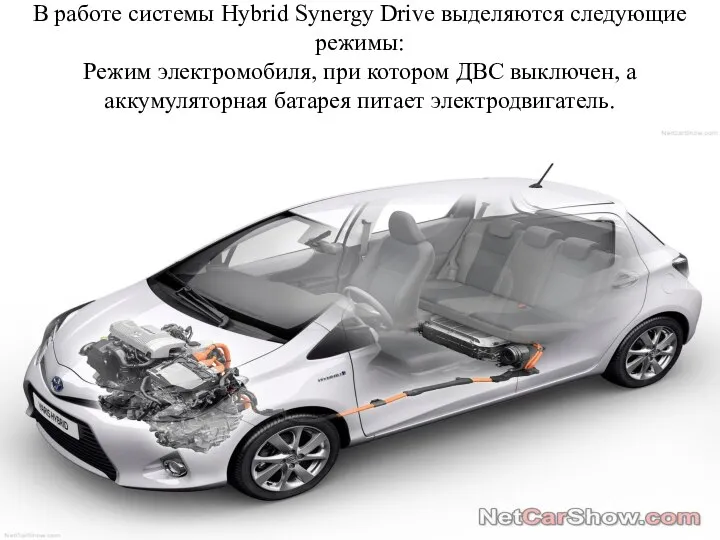 В работе системы Hybrid Synergy Drive выделяются следующие режимы: Режим электромобиля,