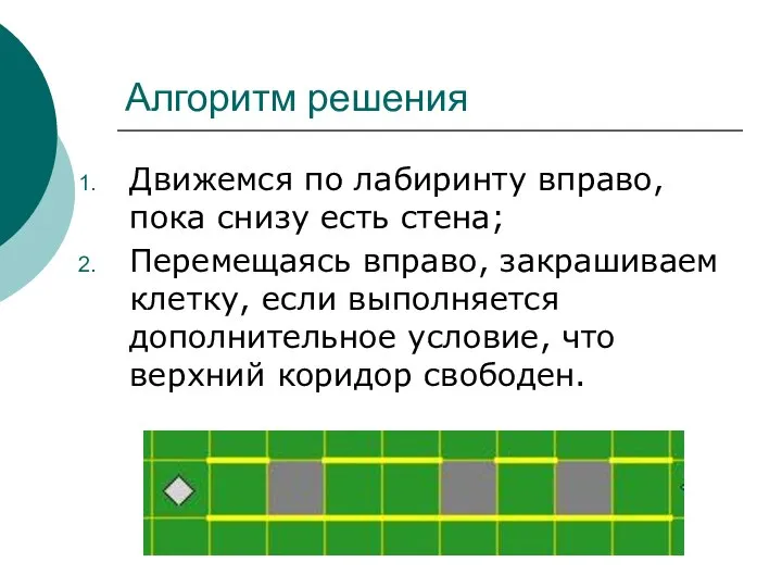 Алгоритм решения Движемся по лабиринту вправо, пока снизу есть стена; Перемещаясь