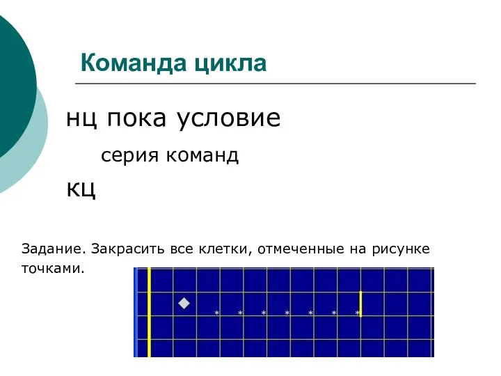 Команда цикла нц пока условие серия команд кц Задание. Закрасить все клетки, отмеченные на рисунке точками.